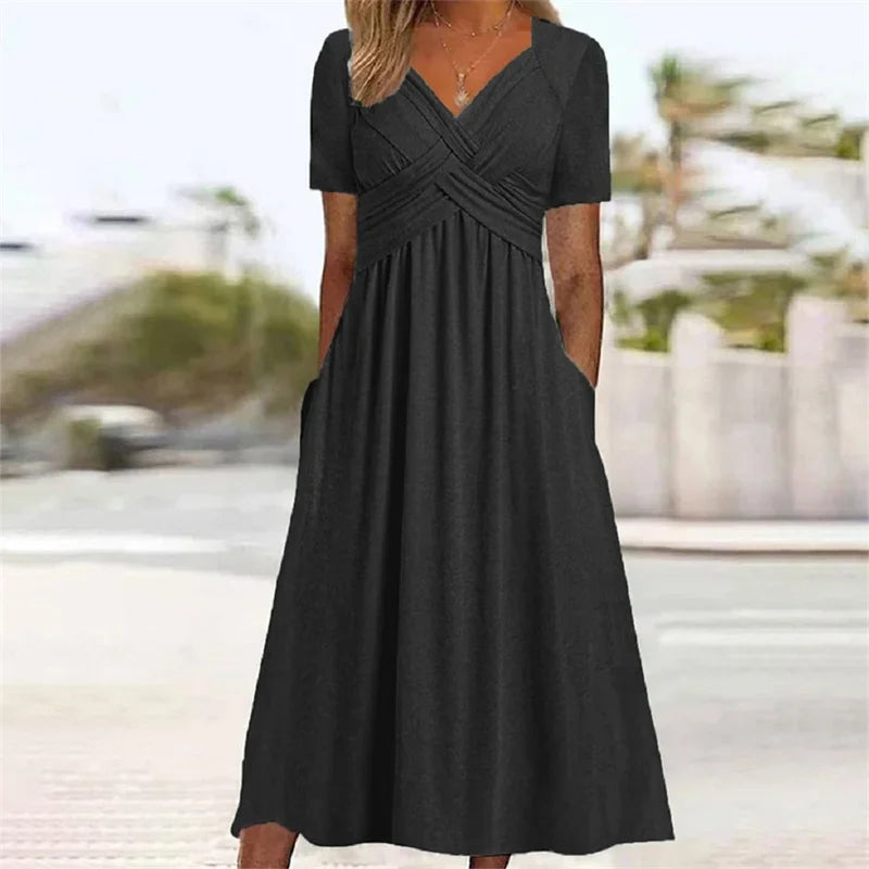 Elegant V Neck Crossover Wrap Bust Dresses For Women